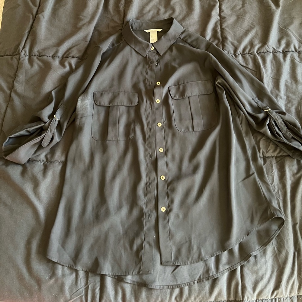 H&M Black Button Down Dress Shirt with Gold Buttons